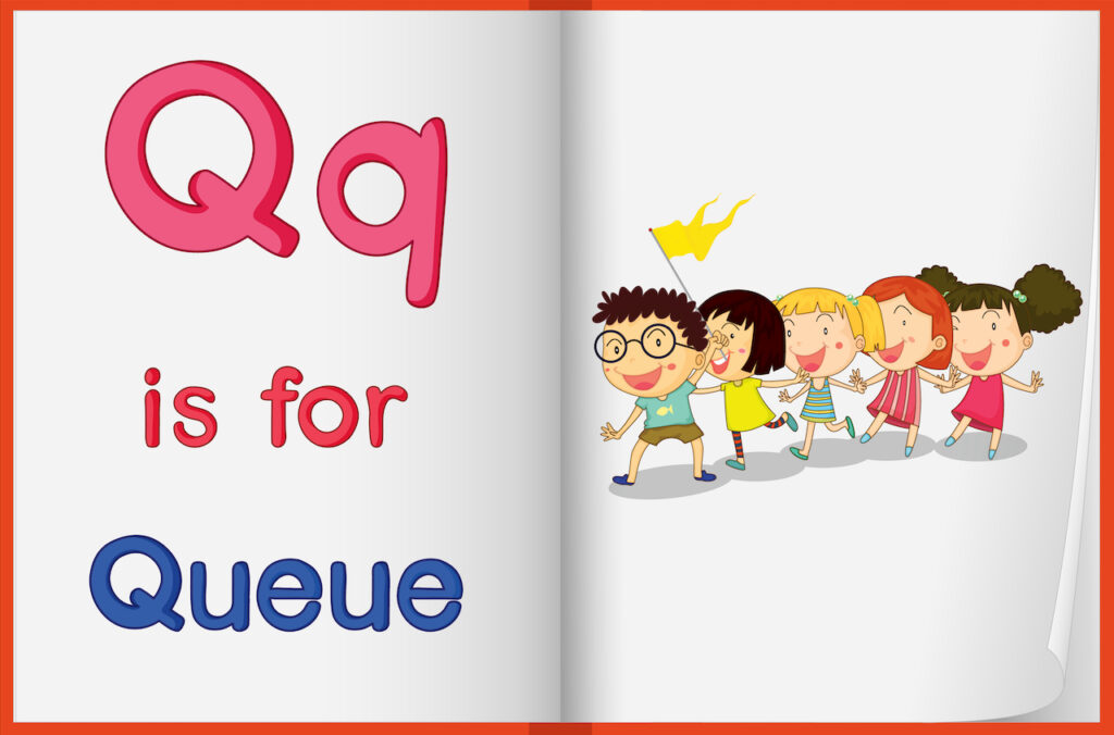 Children learning the sound of the English letter Q through a fun and colourful video